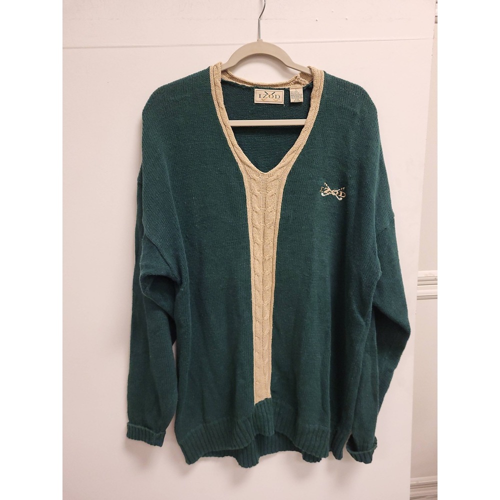 IZOD Golf‎ Sweater Mens L Green Linen Cotton V-Neck Pullover Knit Top Classic